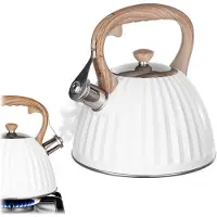 Kadax waterketel 2,8 l van roestvrij staal, theeketel met fluit, afneembaar deksel en hittebestendig handvat in houtlook, fluitketel geschikt voor alle gangbare soorten fornuizen (wit)