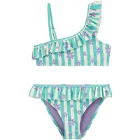 We fashion one shoulder gebloemde bikini met ruches - turquoise Blauw Meisjes Polyester - maat 110/116