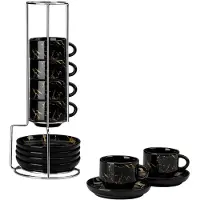 Happiq 6-delige Porseleinen Kopjeset 9 oz – Zwart & Wit met Schotels en Metalen Houder voor Cappuccino, Espresso, Latte & Thee – Zwart