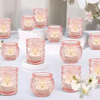 Unyqoos Set van 24 decoratieve roze glazen theelichthouders voor sfeervolle momenten