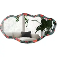 Wallfluent Tuin Met Patroon Spiegel - Rood Elegante Rechthoekige Wandspiegel - Organische Spiegel - Slaapkamer, Woonkamer, Kantoor - Illustratief - 45x90 cm - Totale afmeting 52x97 cm