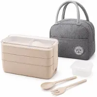 VHV - Lunchbox 900 ml - 3-Laagse Bento Lunchbox Set met Bestek, Sausbakje en Geïsoleerde Tas - Voor Werk, School en Picknick - Beige