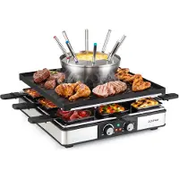 Costway 3-in-1 raclette-grill en fondue, 2200 W, elektrische grill voor 8 personen | Met anti-aanbakplaat en 8 pannen, elektrische grill met dubbele thermostaat, 8 houten spatels en 8 fonduegaten