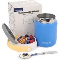 DAITORE - RVS Thermos Voedselcontainer - 450ml - met Lepel - Lekvrij - Warm/Koud - voorgerechten, babyvoeding, soep, pap, yoghurt - Thermoskan - Yoghurt beker to go - BLauw
