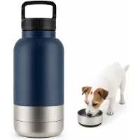 VHV - Drinkfles hond 3-in-1 900 ml - RVS reisfles met voer- en drinkbak - donkerblauw voor onderweg