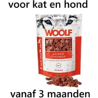 Woolf - ** 2 X ** Honden en kattensnack - salmon chunkies -zalmblokjes - 100% vers vlees - premium - = 200 gram ***vanaf 3 maanden