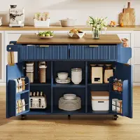 STILVORA Kast Op Wielen Met Klapbare Werkblad En Opbergruimte Voor Keuken Blauw Houtlook 143 X 69 X 89,5 Cm