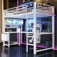 HAUSS SPOLE Hoogslaper 90x200 cm - Met Bureau, Ledverlichting en USB - Opbergruimte - Zonder Matras - MDF en Metaal - Wit