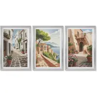 Wallfluent 4-Delige Schilderij Set - Schilderachtige straatjes met huizen en potplanten. - 40 x 60 cm - Muurdecoratie - Interieur Decoratie - Stijlvolle Muurdecoratie