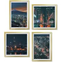 Wallfluent 4-Delige Schilderij Set - Uitzicht op de stad 's nachts vanaf de bergen met wolkenkrabbers - 40 x 40 cm en 40 x 60 cm - Muurdecoratie - Wanddecoratie - Hal - Woonkamer Decoratie