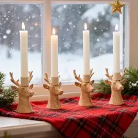 Unyqoos Set van 4 rustieke kandelaars met hertenkop voor kerstdecoratie
