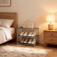 OKWISH Schoenenrek Ruimtebesparend – 42 x 30 x 37 cm – Metaal – Grijs – Staand Open Opbergrek Voor 6 Paar Schoenen – 3 Niveaus