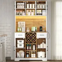 STILVORA Keukenkast - Hoge Opbergkast Met Ledverlichting En Wijnrek - Voor Keuken En Eetkamer - MDF - 105x40x180 Cm - Natuurlijk;Wit