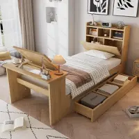 Flieks kinderbed 90x200 cm met verstelbaar uitschuifbaar tafeltje, kinderbed/enkelbed met lade, klassiek houten bed met hoofdeinde voorzien van een plank, in houtkleur
