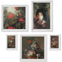 Wallfluent 5-Delige Schilderij Set - Bloemstukken En Schattige Vintage Katten - 50 x 50 cm, 20 x 30 cm En 40 x 60 cm - Decoratieve Schilderijen - Woonkamer - Interieur - Woonkamer Decoratie