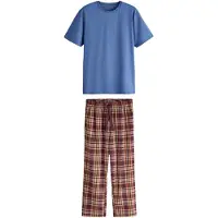 Next - Heren - Comfortabele jersey pyjamaset met korte mouwen en ruiten - Blauw