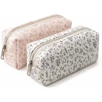 VHV - Grote Etui met Bloemenprint - Set van 2 - Esthetische Pennenzak voor Meisjes - Grote Capaciteit Stationery Pouch - Schoolspullen & Make-up Tas