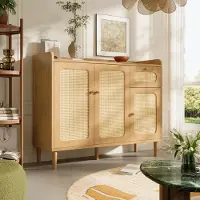 OKWISH Dressoir - Rattan Fronten, 3 Deuren en 1 Lade - Opbergruimte voor Woonkamer, Keuken en Hal - MDF Eikenkleur - 120 x 40 x 91 cm