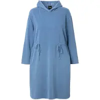 Ulla Popken - Dames - Hoodiejurk A-lijn sweatstof rimpelbandjes lange mouwen - Denim blauw - Maat 54+
