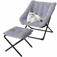 Happiq Loungestoel met Voetenbank - Opvouwbaar Oversized design - voor woonkamer en slaapkamer - Grijs Kunstleer en Zwart Metaal - Roze