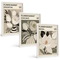 Tulup 3-Delige Schilderij Set - Bloemen van de markten van Kingston, Chicago en Seoul in een retrostijl. - 40x60 - Wanddecoratie - Muurdecoratie - Moderne Interieurdecoratie