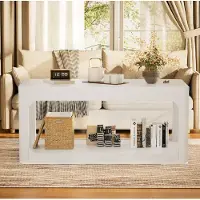 OKWISH Salontafel - 100 x 50 x 44,5 cm - 2 Opbergvakken - Voor Woonkamer En Slaapkamer - Modern Minimalistisch - MDF Wit