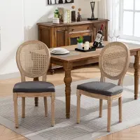 Sweiko Eetkamerstoel – Set van 2 – Houten frame – Linnen zitkussens – Rieten rugleuning – Donkergrijs