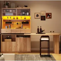STILVORA Buffetkast - Multifunctionele Kast Met Bureau En Ledverlichting - Voor Woonkamer En Werkkamer - MDF En Glas - Natuurlijk - 137x74x177,7 Cm