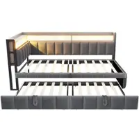 MODFU - Slaapbank Met Uitschuifbed, LED-Verlichting En Opbergvakken - Modern - Stof - Grijs - 90 x 200 cm