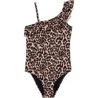 We fashion one shoulder badpak met ruches en panterprint - beige/bruin Meisjes Polyester - maat 134/140