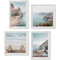 Wallfluent 4-Delige Schilderij Set - Zomerse Pastelkleuren Met Architectuur Aan Zee En Strand - 40 x 40 En 40 x 60 - Wanddecoratie - Schilderijen Set - Interieur - Muurdecoratie