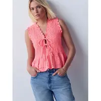 Next - Dames - Gesmokte petite top met V-hals en gestrikte voorkant - Petite - Roze
