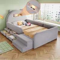 OKWISH Gestoffeerd Kinderbed 90x200 cm - Oorvormig Hoofdbord Met Nachtlampje En USB - Met Opberglades - Zonder Matras - Fluweel - Lichtgrijs
