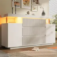 OKWISH Dressoir - LED-Verlichting - 150 x 40 x 78 cm - 6 Lades En 2 Deuren - Verstelbare Planken En Presentatievak - MDF Wit