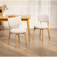 OKWISH Eetkamerstoel - Set Van 2 Met Brede Zitting En Gebogen Rugleuning - Compact Voor Eetkamer Of Woonkamer - Hout En Stof - Creme