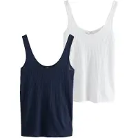 Next - Dames - Set van 2 geribbelde hemdjes met dunne bandjes en lage hals - Blauw