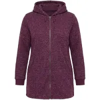 Ulla Popken - Dames - Gebreid fleece jas tekst capuchon lange mouwen - Donker bes - Maat 54+