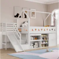OKWISH Kinder Hoogslaper 90x200 cm - Met Glijbaan en Trap - Met Opbergkasten en Lattenbodem - Zonder Matras - Massief Hout en MDF - Wit