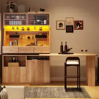 MODFU -Hoge Kast-Schrijfbureau-Bartafel-LED-App-Glastüren-Pegboard-Natuurbruin