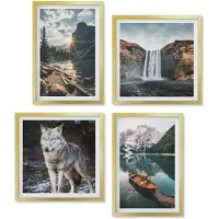 Wallfluent 4-Delige Schilderij Set - Bergen, meren, watervallen en wolven in een natuurlijke omgeving. - 40 x 40 cm en 40 x 60 cm - Stijlvolle Muurdecoratie - Kantoor - Wanddecoratie