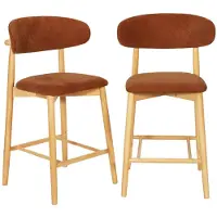 Sweeek - Set van 2 barkrukken van naturelkleurig rubberhout en chenille stof - paola