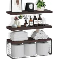 Famanu – Zwevende planken met draadmand voor boven het toilet, keuken en woonkamer, ideaal voor plantendecoratie