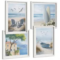 Tulup 4-Delige Schilderij Set - Strand met surfplanken, boten en vogels - 40x40 en 40x60 - Wanddecoratie - Schilderijen Set - Kantoor - Muurdecoratie