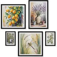 Wallfluent 5-Delige Schilderij Set - Bloemstukken In Rustieke Stijl Met Olijven En Citroenen - 50 x 50 cm, 20 x 30 cm En 40 x 60 cm - Muurdecoratie - Wanddecoratie - Hal - Stijlvolle Muurdecoratie