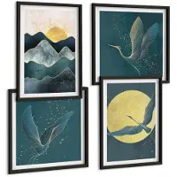Tulup 4-Delige Schilderij Set - Vogels, kraanvogels in vlucht, maan, sterren en berglandschap - 40 x 40 cm en 40 x 60 cm - Muurdecoratie - Wanddecoratie - Hal - Interieur Decoratie
