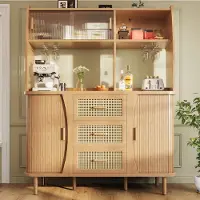 Merax Rieten stijl buffetkast - met glazen schuifdeur - keukenkast met opbergruimte - houtkleur