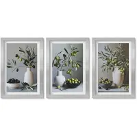 Wallfluent 3-Delige Schilderij Set - Olijven In Vazen ​​Tegen Een Achtergrond Van Gedempte Kleuren. - 20 x 30 cm - Decoratieve Schilderijen - Wanddecoratie - Hal