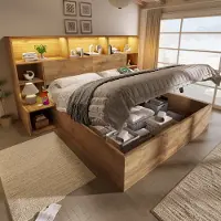 Merax Tweepersoonsbed 160x200 cm - met opbergruimte - met breed nachtkastje - met LED-verlichting en USB-C - zonder matras - houtkleur