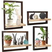 Famanu – Set van 4 zwevende houten wandplanken, hout en metaal, ideaal voor wanddecoratie in slaapkamer, woonkamer, keuken en badkamer
