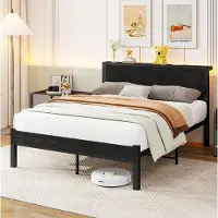 OKWISH Bed 120x200 cm - Met Opbergruimte en Metalen Lattenbodem - Zonder Boxspring - 27 cm Opbergruimte - Volwassenen - Metaal en MDF - Zwart - Zonder Matras